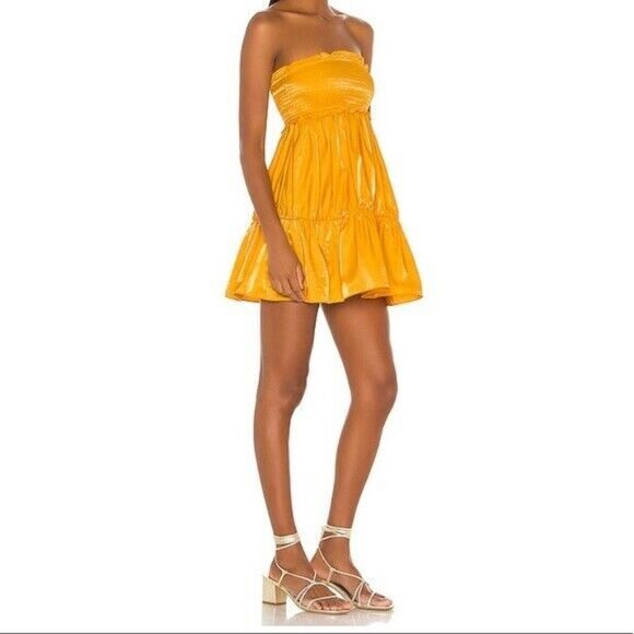 Lovers + Friends Gold Smocked Strapless Mini Doll Dress Size Medium - Picture 2 of 8